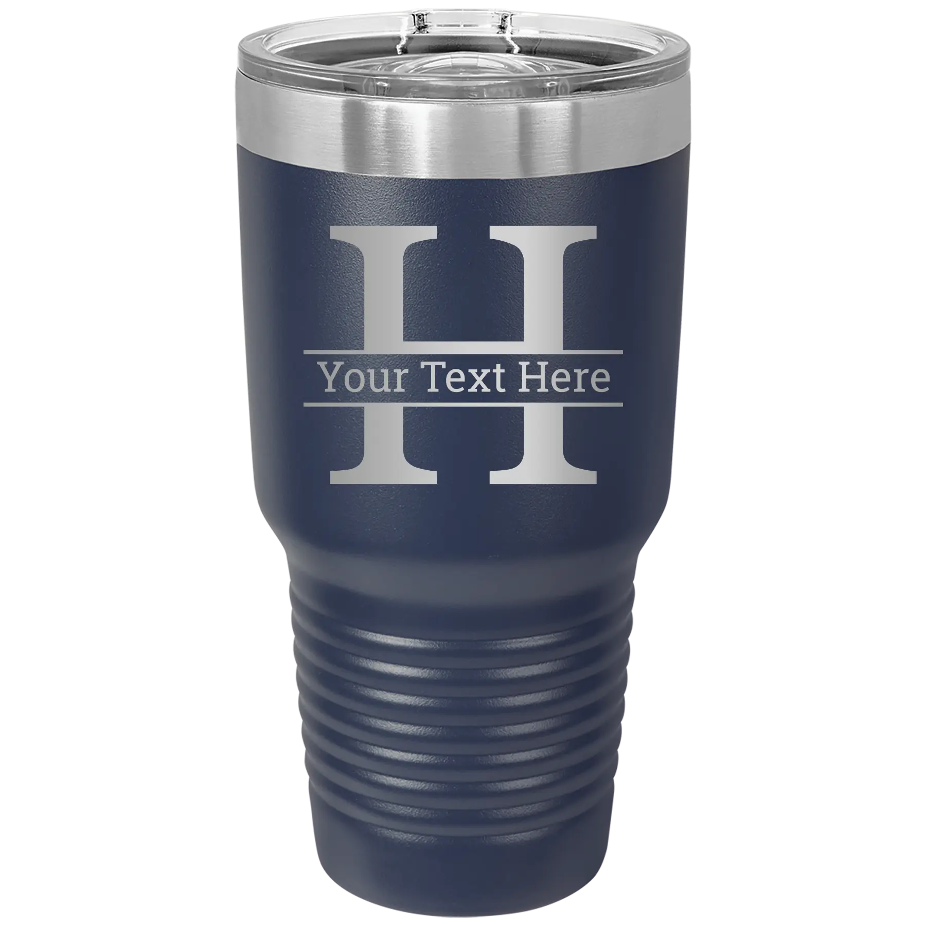 Personalized navy 30 oz vacuum insulated tumbler with 'Monogram letter H' design