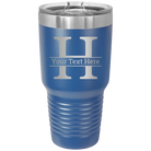 Personalized royal blue 30 oz vacuum insulated tumbler with 'Monogram letter H' design