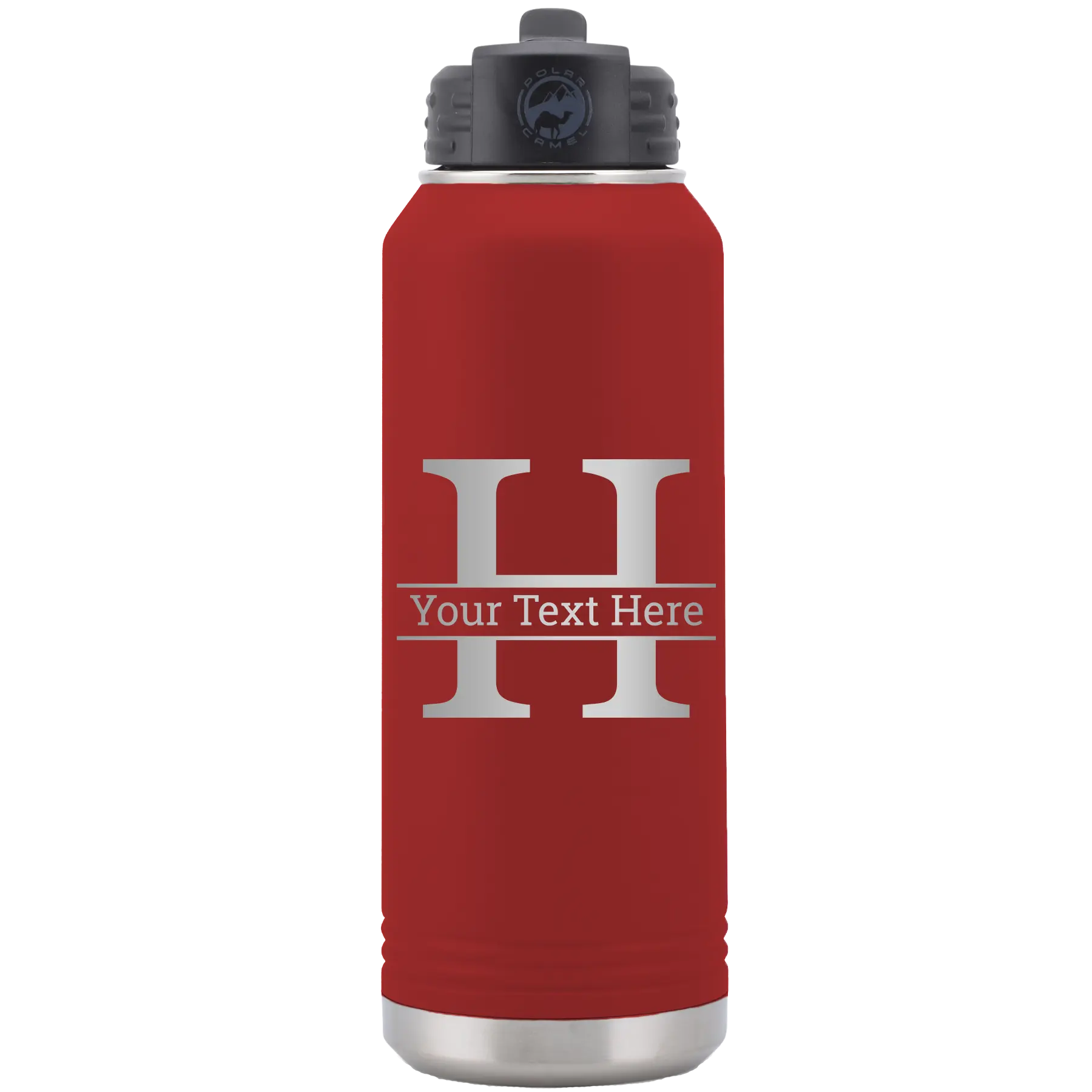 Personalized maroon 32 oz vacuum insulated water bottle with 'Monogram letter H' design