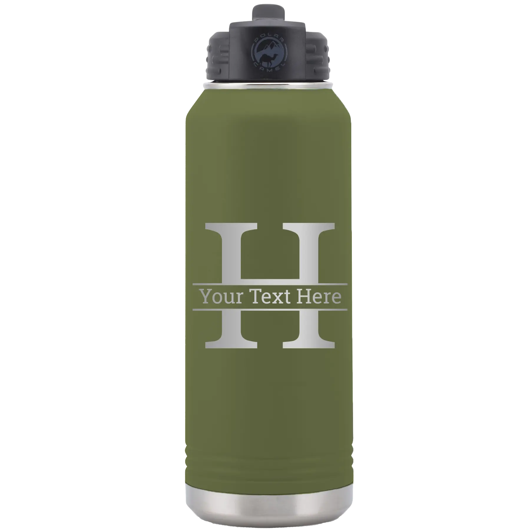 Personalized olive green 32 oz vacuum insulated water bottle with 'Monogram letter H' design