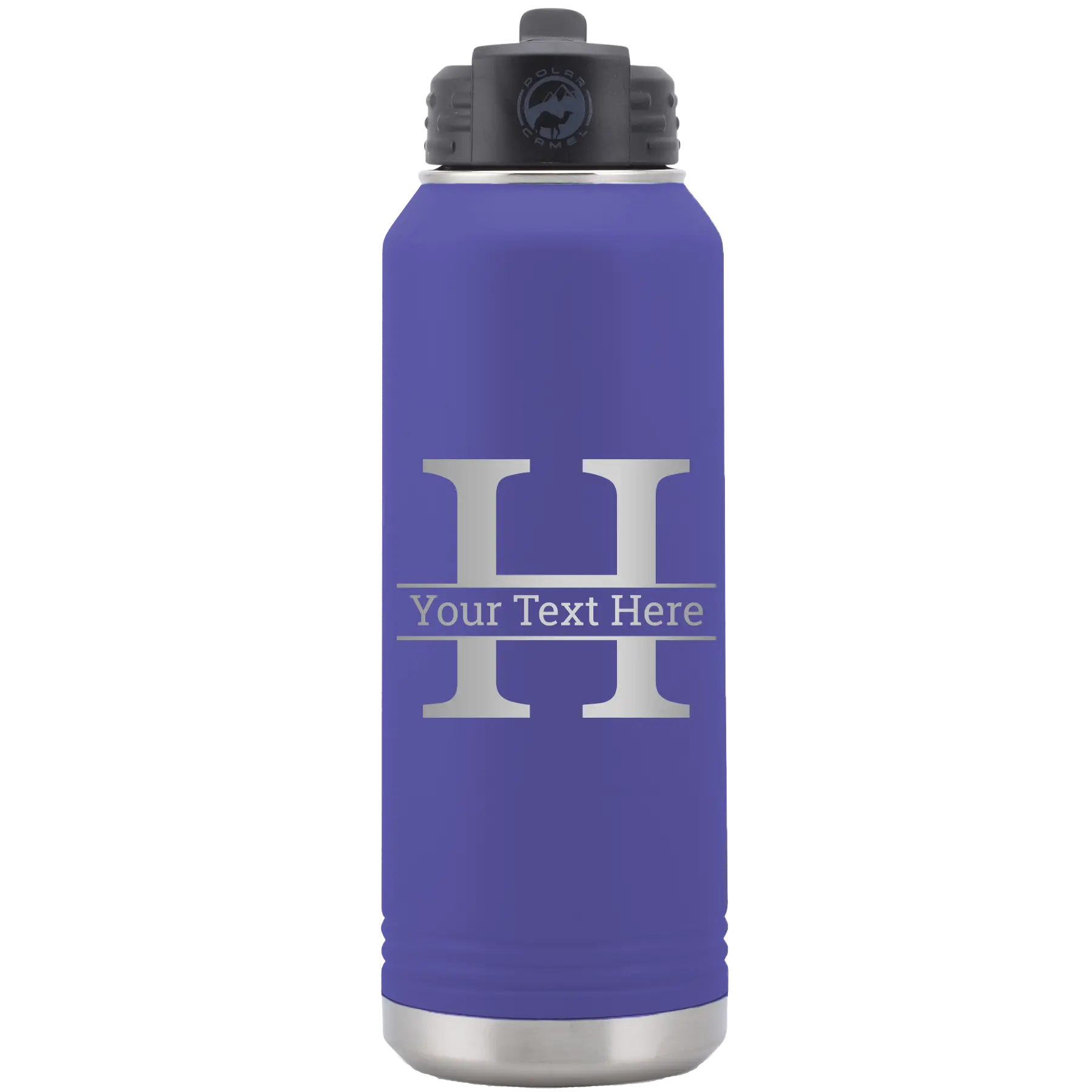 Personalized purple 32 oz vacuum insulated water bottle with 'Monogram letter H' design
