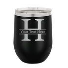 Personalized black 12 oz vacuum insulated wine cup with 'Monogram letter H' design