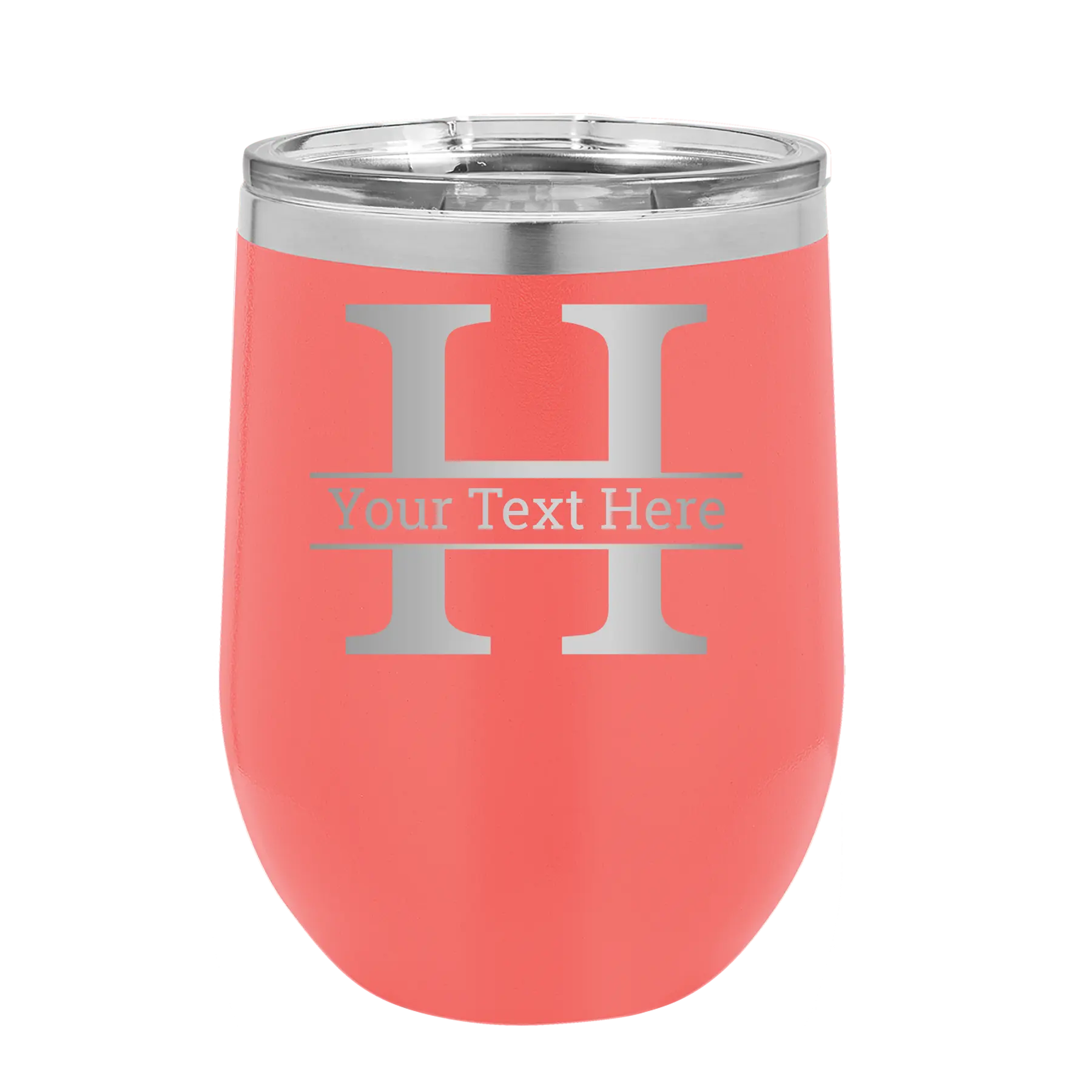 Personalized coral 12 oz vacuum insulated wine cup with 'Monogram letter H' design