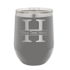 Personalized dark gray 12 oz vacuum insulated wine cup with 'Monogram letter H' design