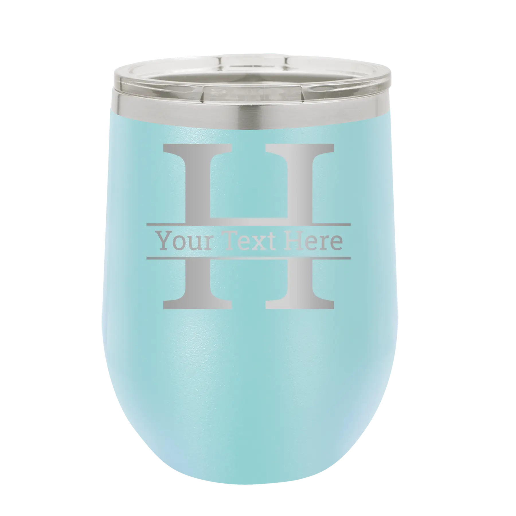 Personalized light blue 12 oz vacuum insulated wine cup with 'Monogram letter H' design