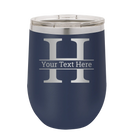 Personalized navy 12 oz vacuum insulated wine cup with 'Monogram letter H' design