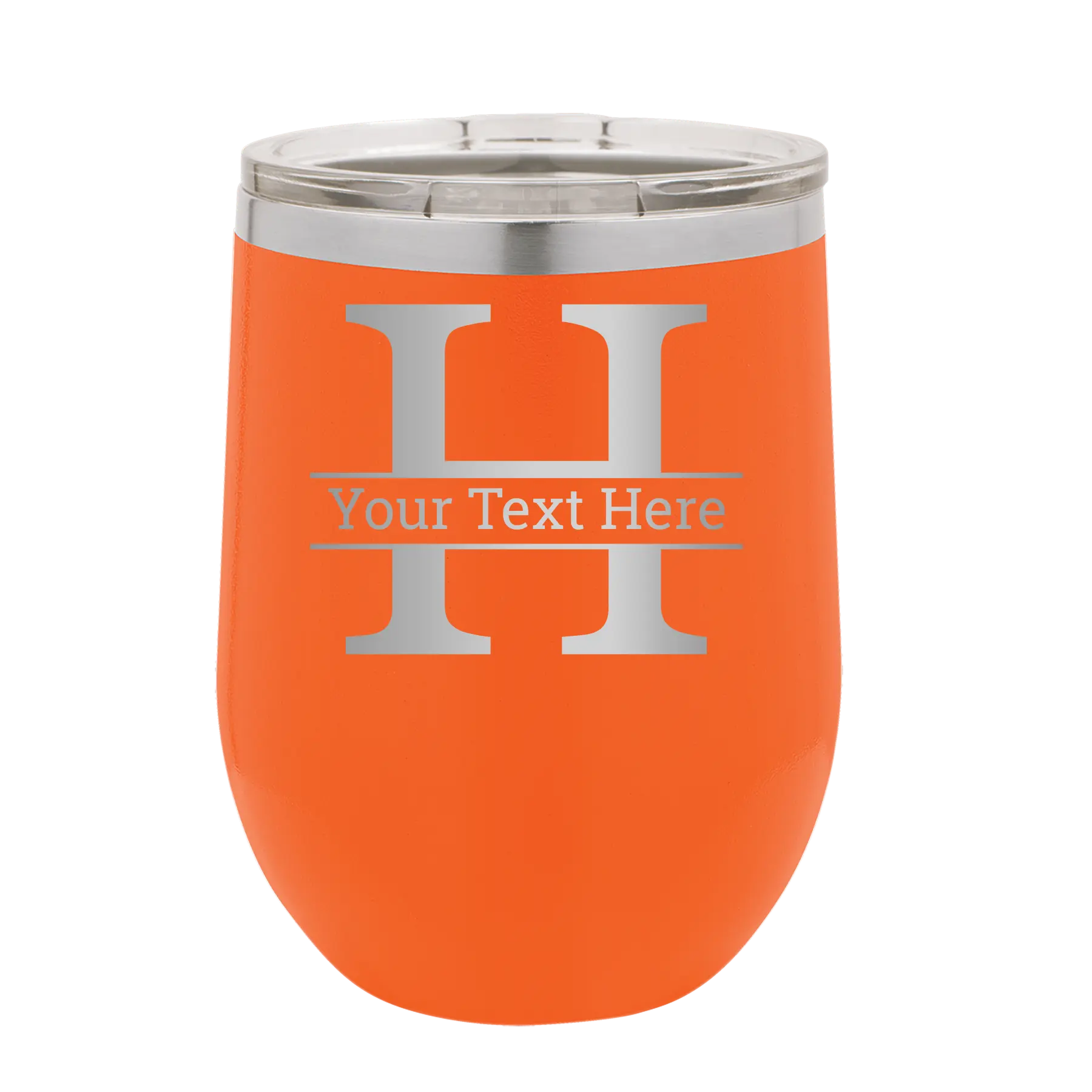 Personalized orange 12 oz vacuum insulated wine cup with 'Monogram letter H' design