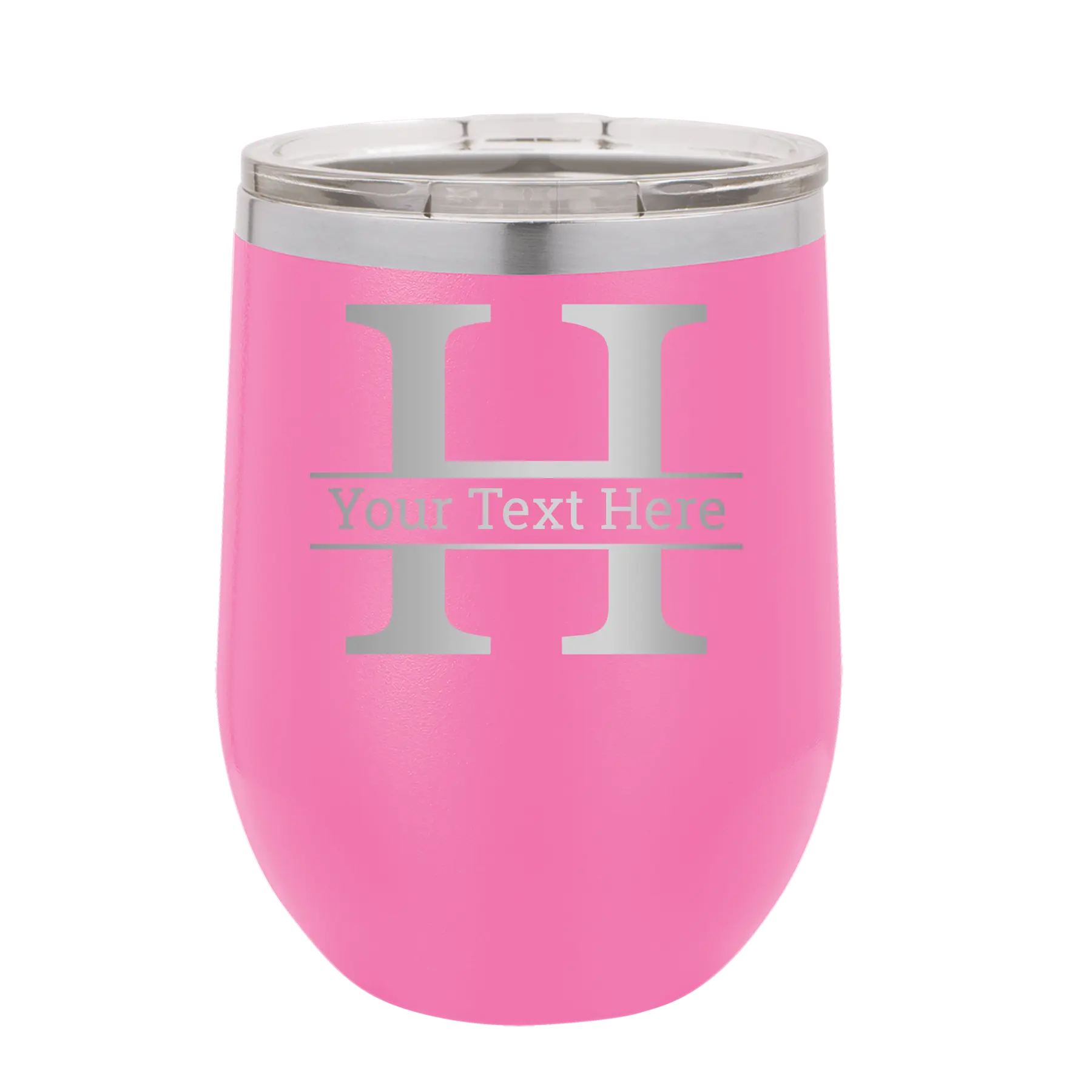 Personalized pink 12 oz vacuum insulated wine cup with 'Monogram letter H' design