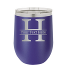 Personalized purple 12 oz vacuum insulated wine cup with 'Monogram letter H' design
