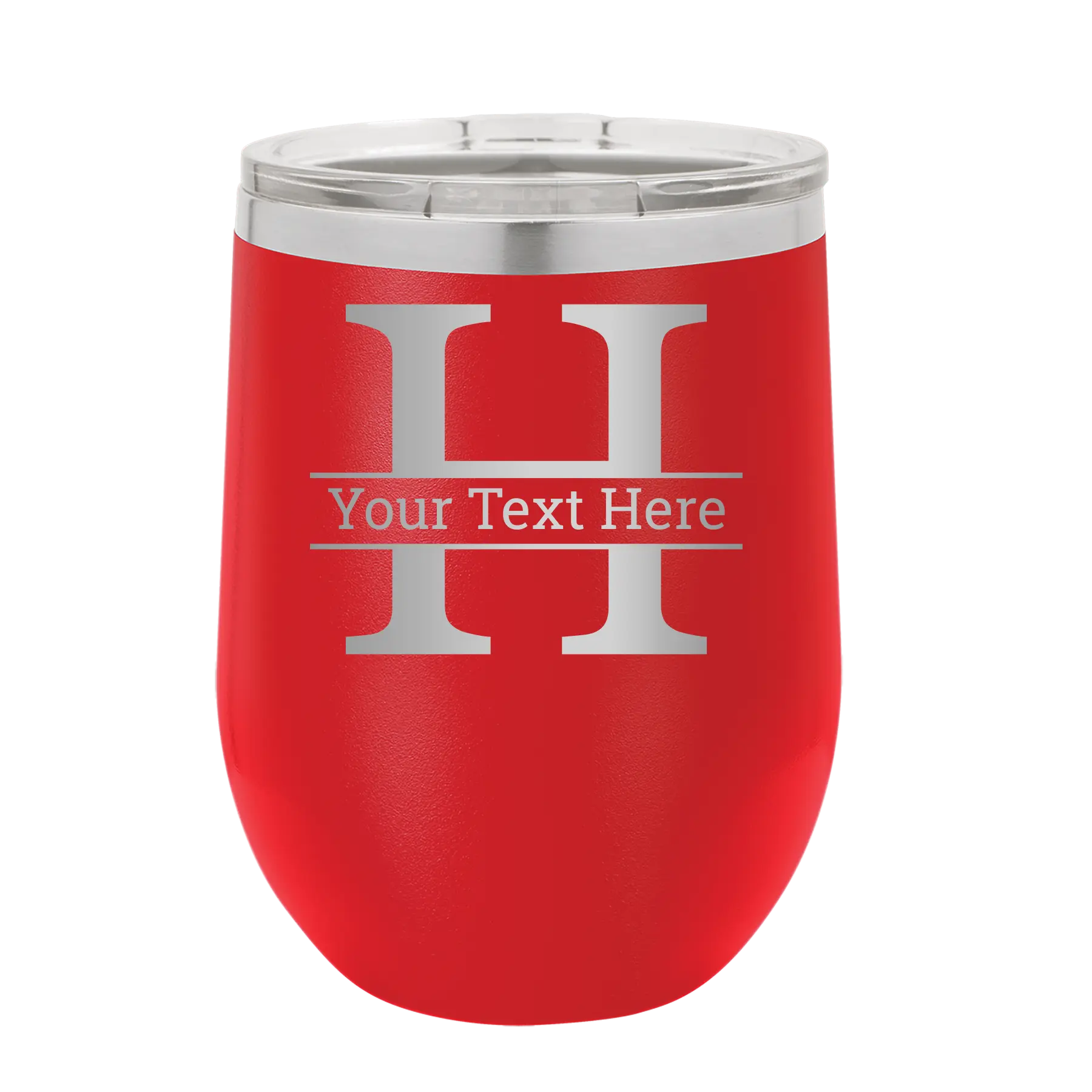 Personalized red 12 oz vacuum insulated wine cup with 'Monogram letter H' design