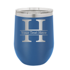 Personalized royal blue 12 oz vacuum insulated wine cup with 'Monogram letter H' design