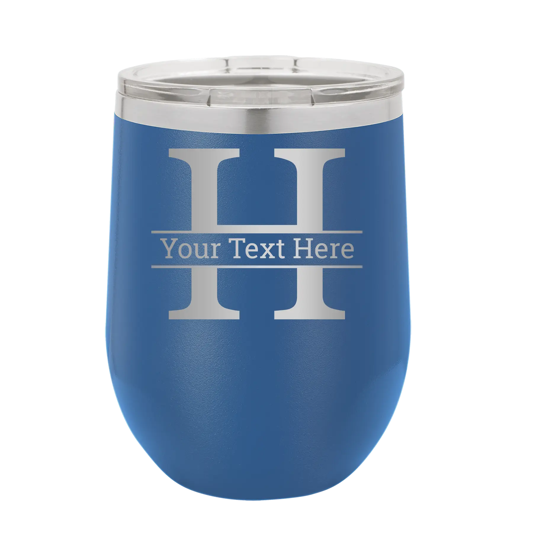 Personalized royal blue 12 oz vacuum insulated wine cup with 'Monogram letter H' design