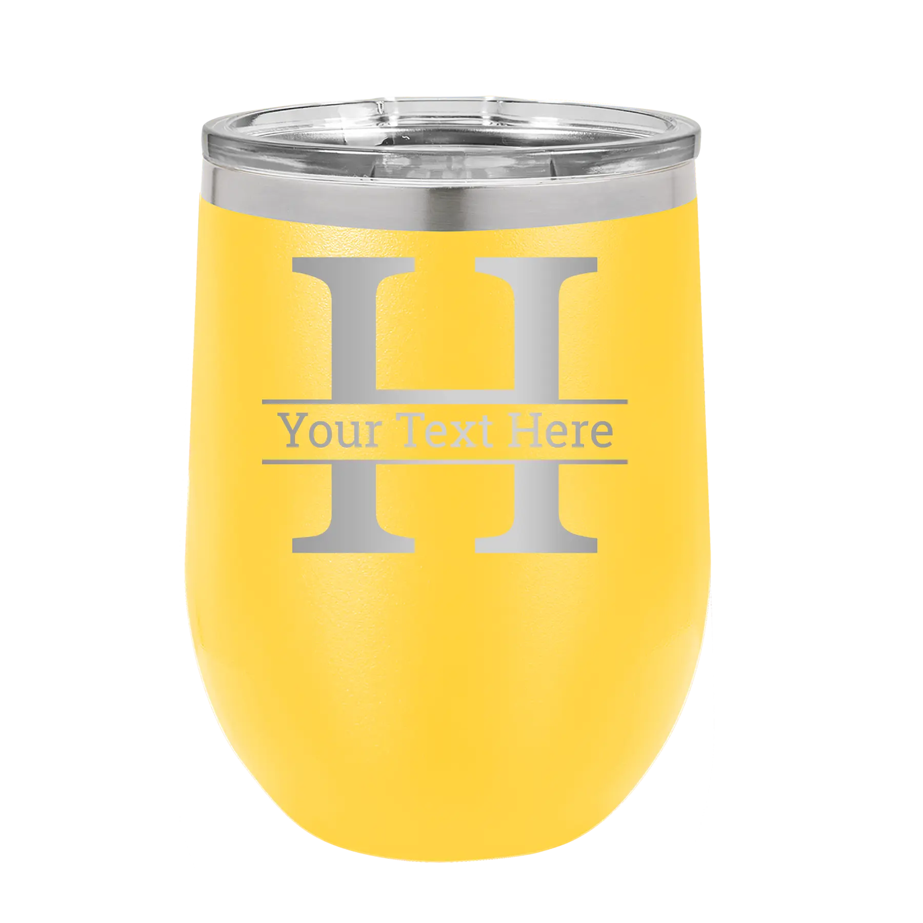 Personalized yellow 12 oz vacuum insulated wine cup with 'Monogram letter H' design