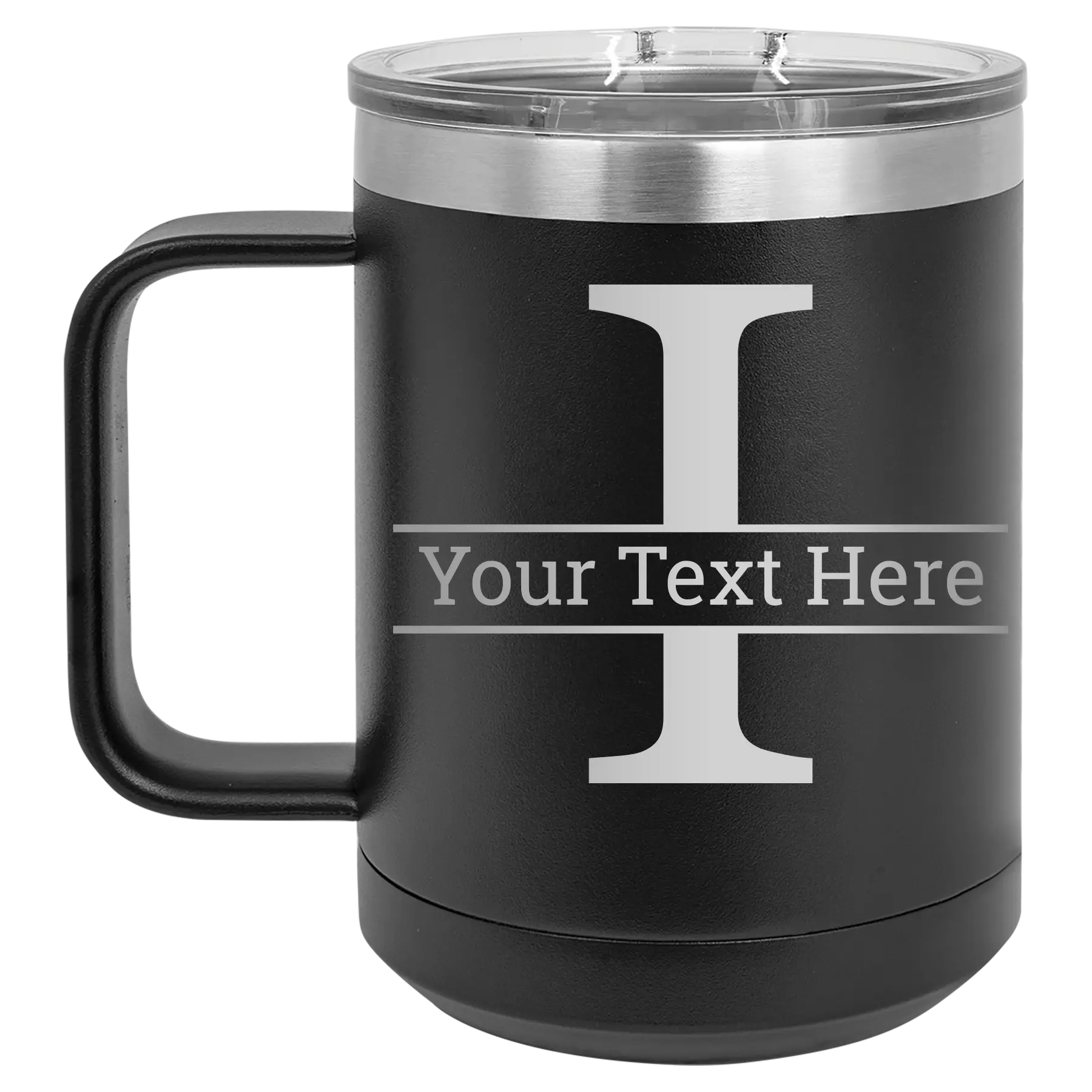 Personalized black 15 oz vacuum insulated coffee mug with 'Monogram letter I' design