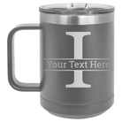 Personalized dark gray 15 oz vacuum insulated coffee mug with 'Monogram letter I' design