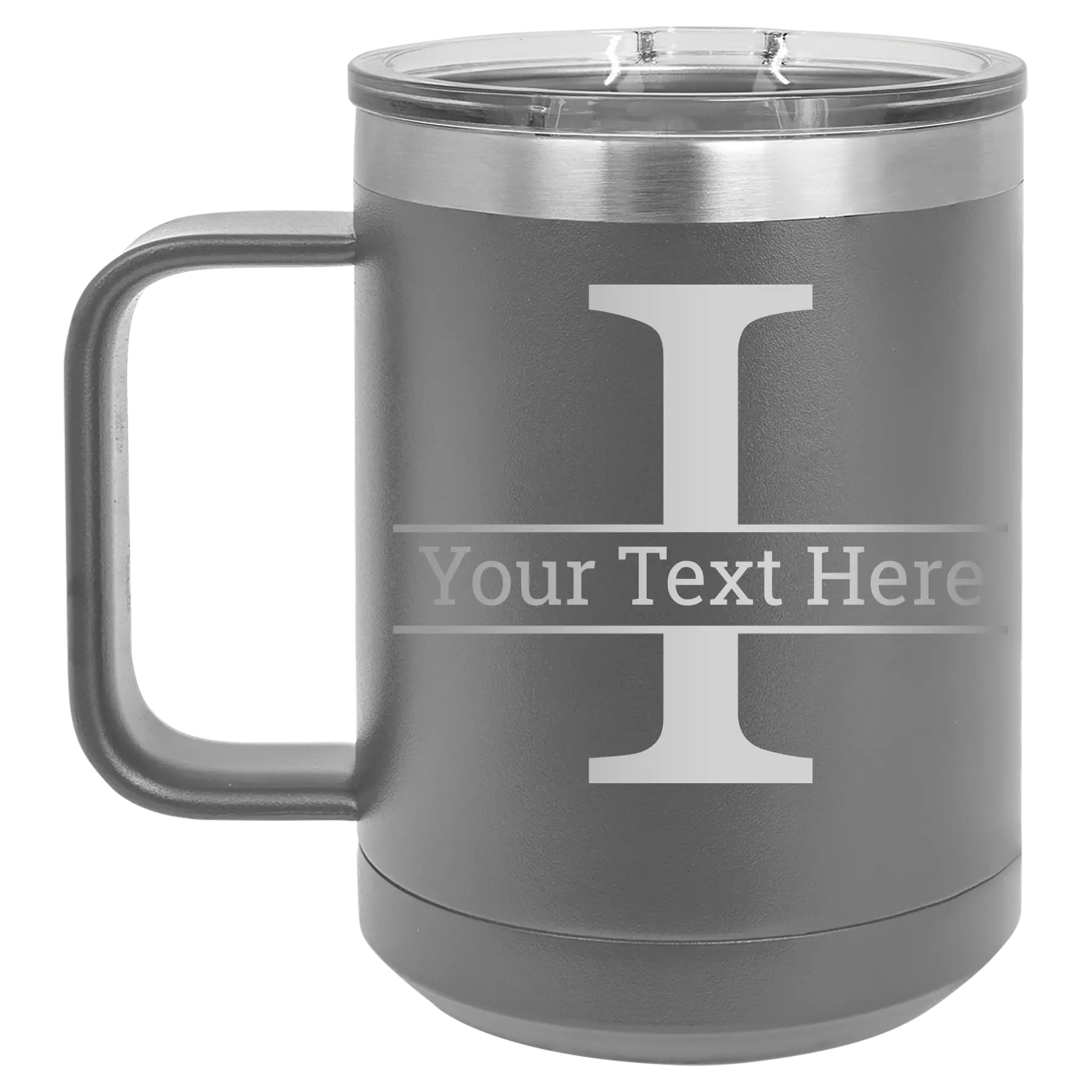 Personalized dark gray 15 oz vacuum insulated coffee mug with 'Monogram letter I' design