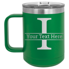 Personalized green 15 oz vacuum insulated coffee mug with 'Monogram letter I' design