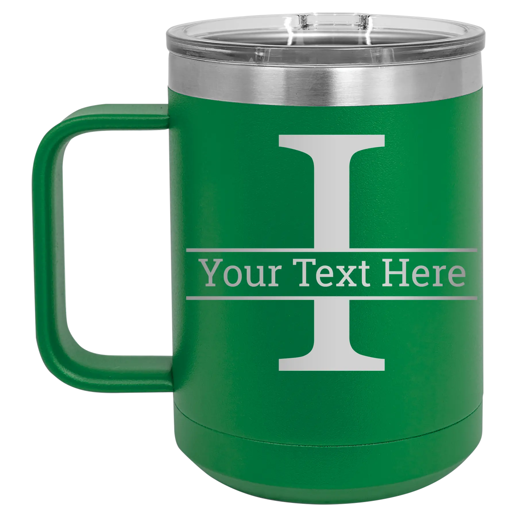 Personalized green 15 oz vacuum insulated coffee mug with 'Monogram letter I' design