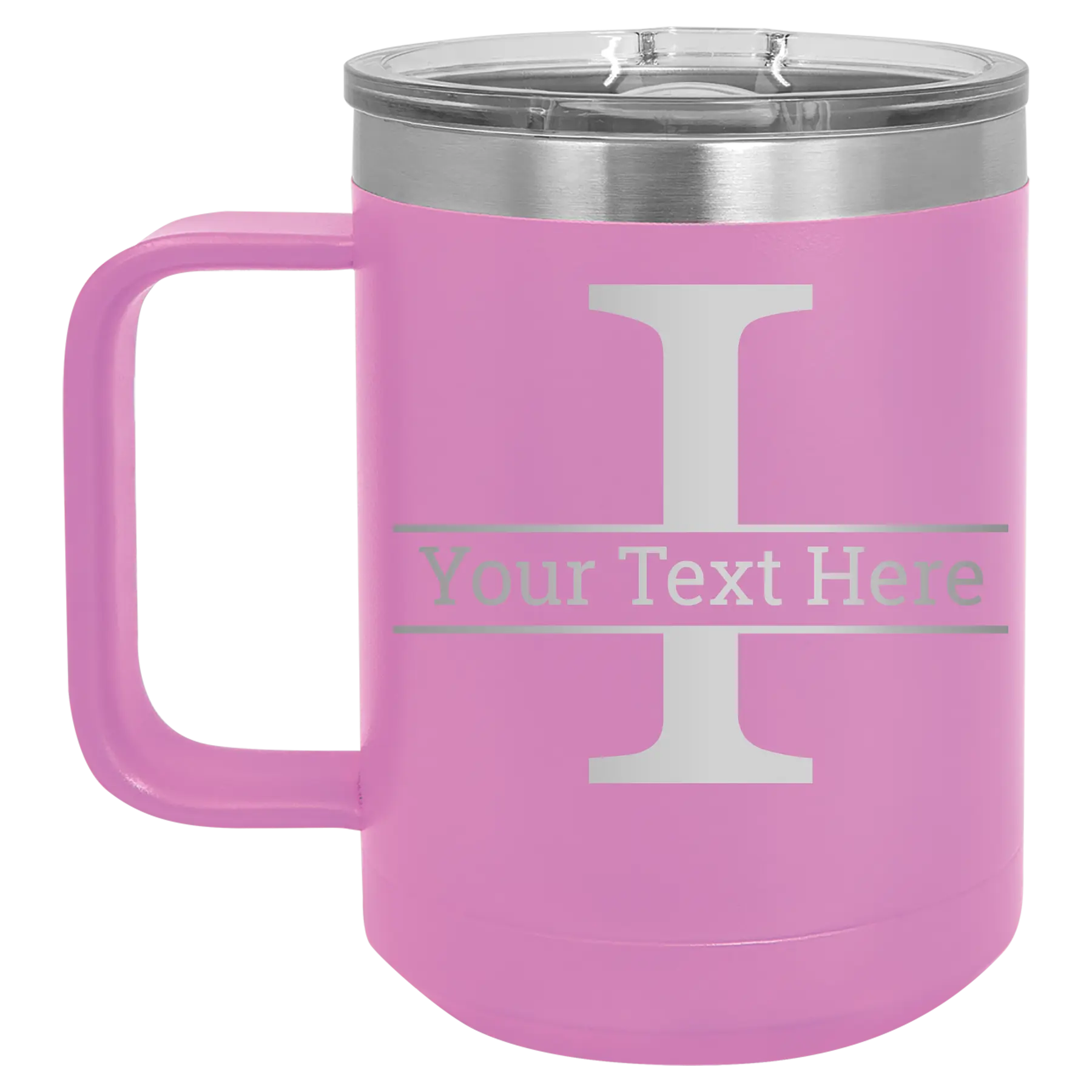 Personalized light purple 15 oz vacuum insulated coffee mug with 'Monogram letter I' design