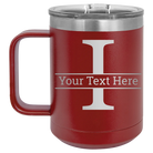 Personalized maroon 15 oz vacuum insulated coffee mug with 'Monogram letter I' design