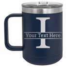 Personalized navy 15 oz vacuum insulated coffee mug with 'Monogram letter I' design