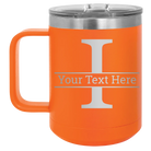 Personalized orange 15 oz vacuum insulated coffee mug with 'Monogram letter I' design