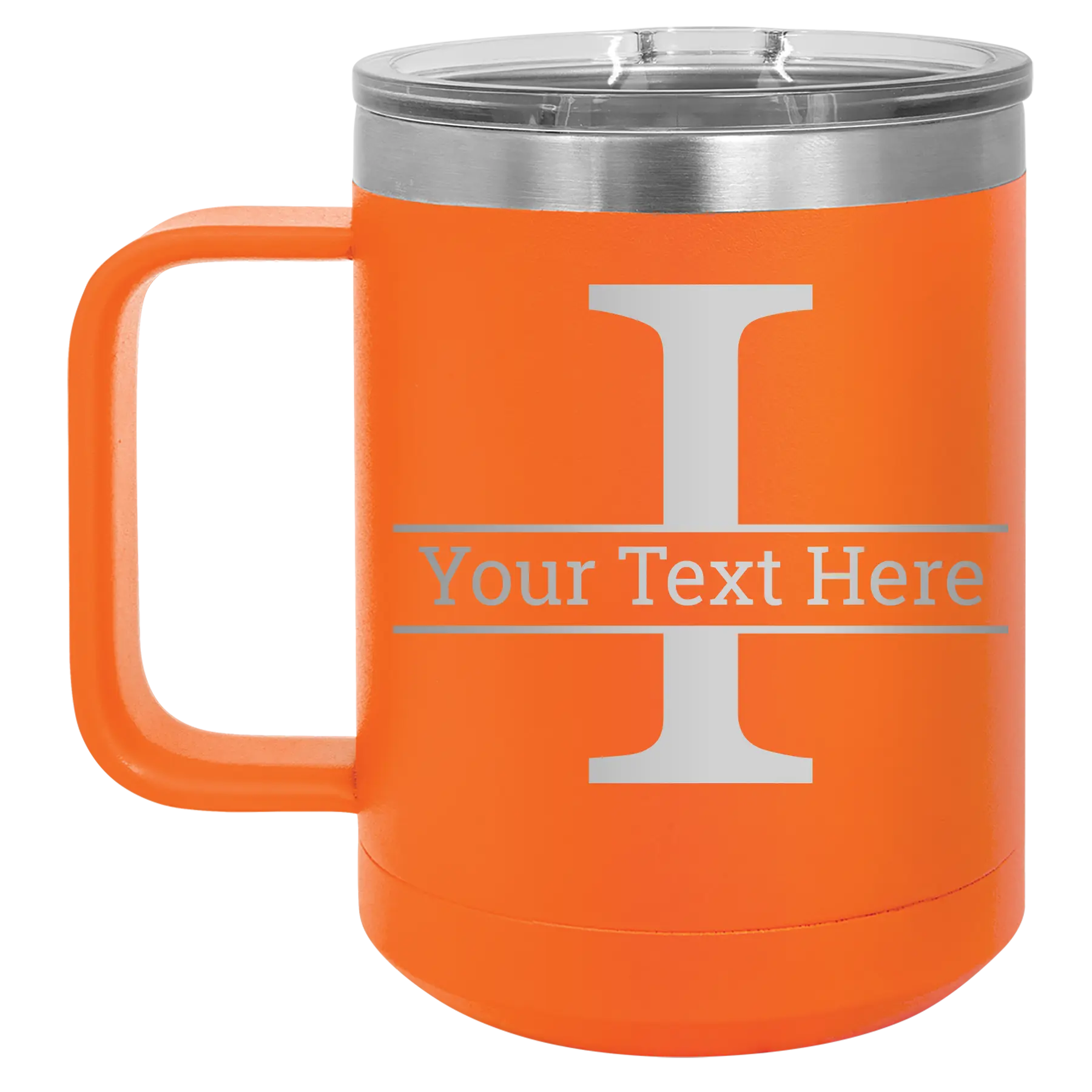 Personalized orange 15 oz vacuum insulated coffee mug with 'Monogram letter I' design