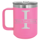 Personalized pink 15 oz vacuum insulated coffee mug with 'Monogram letter I' design