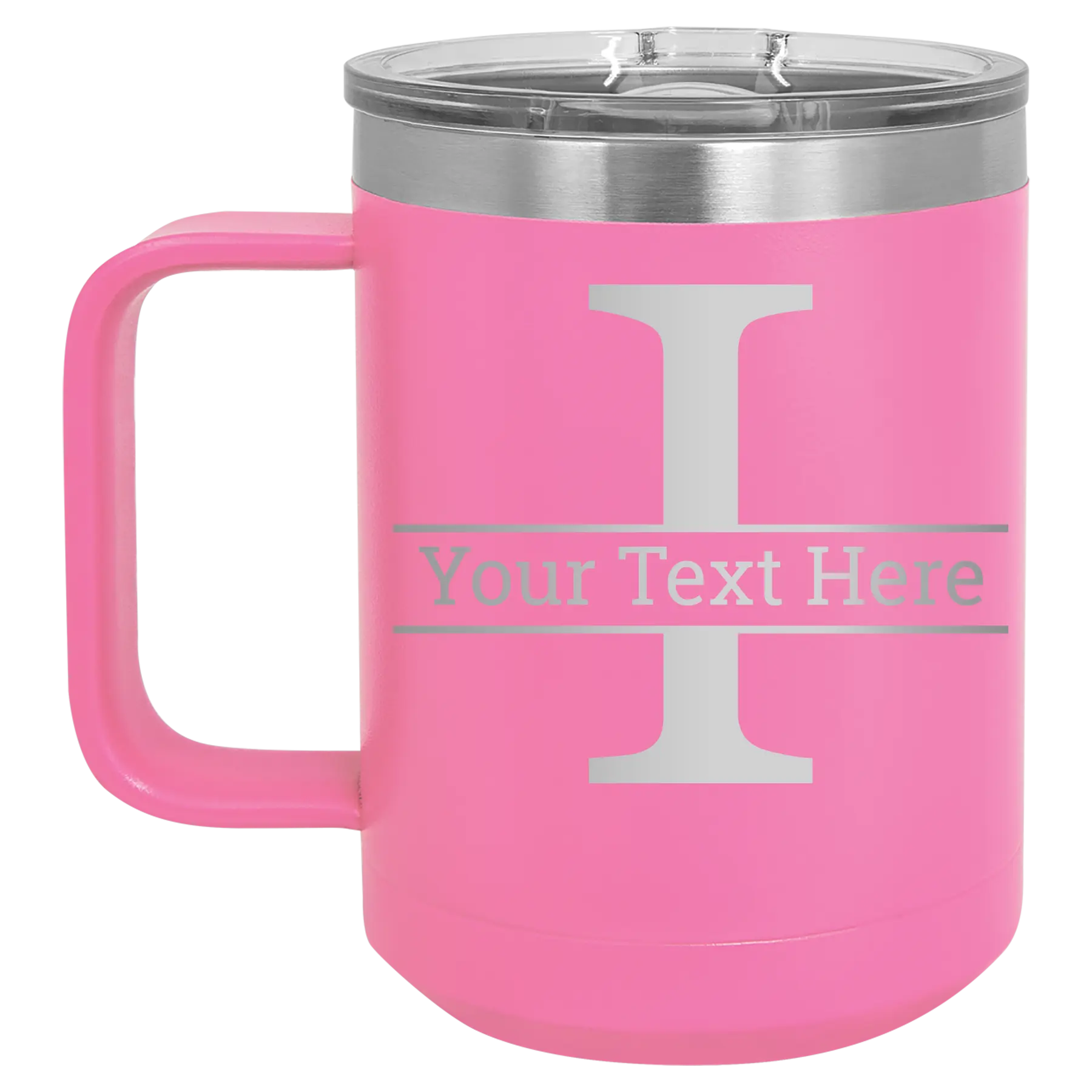 Personalized pink 15 oz vacuum insulated coffee mug with 'Monogram letter I' design