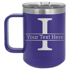 Personalized purple 15 oz vacuum insulated coffee mug with 'Monogram letter I' design