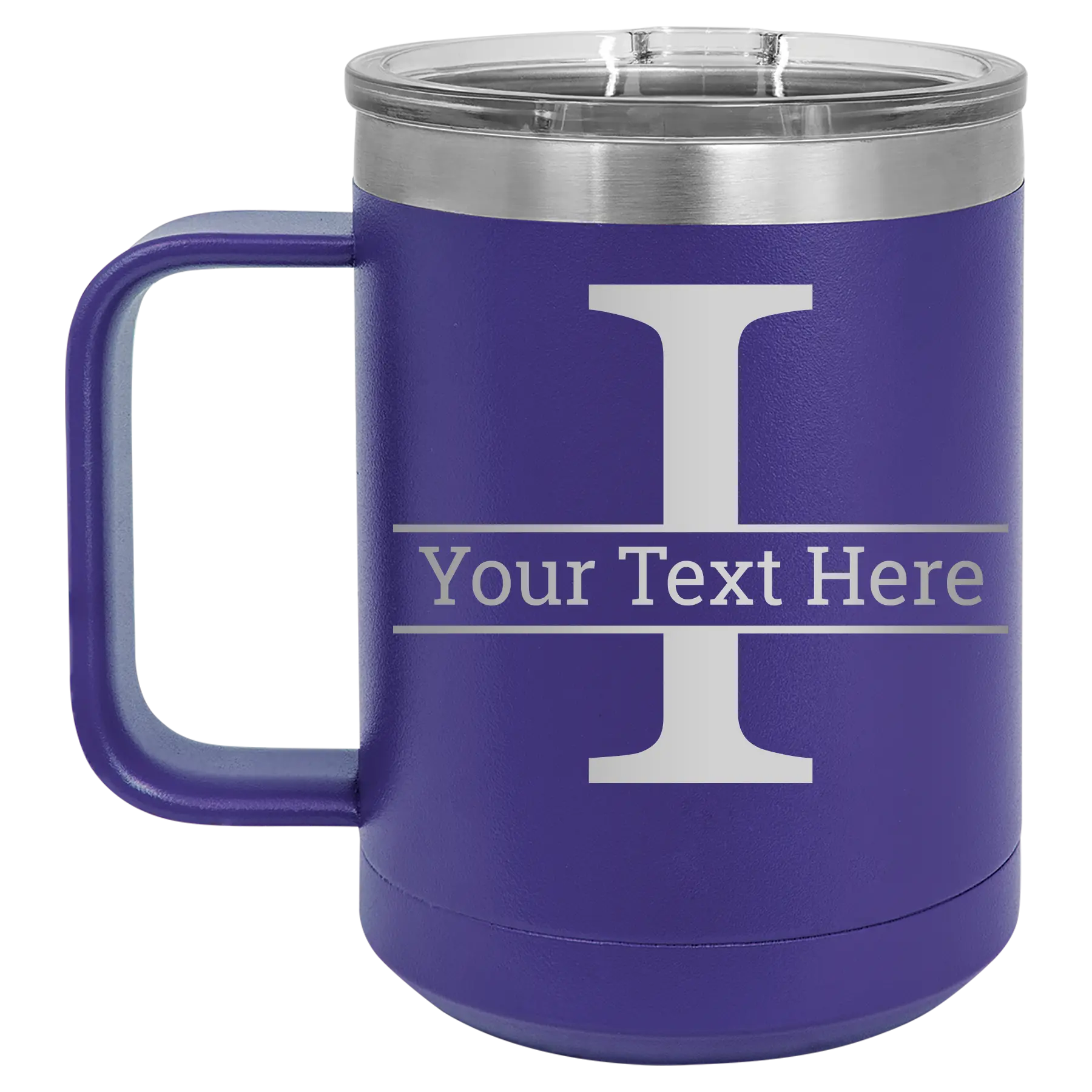 Personalized purple 15 oz vacuum insulated coffee mug with 'Monogram letter I' design