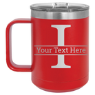 Personalized red 15 oz vacuum insulated coffee mug with 'Monogram letter I' design