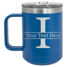 Personalized royal blue 15 oz vacuum insulated coffee mug with 'Monogram letter I' design