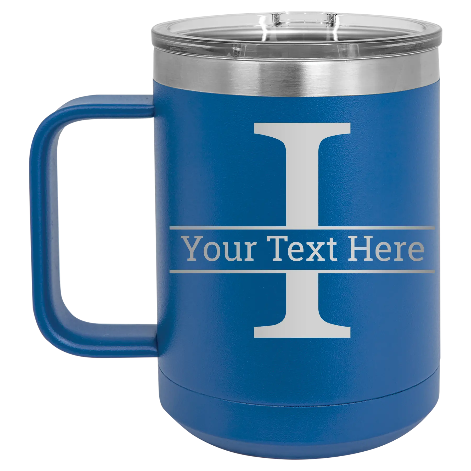 Personalized royal blue 15 oz vacuum insulated coffee mug with 'Monogram letter I' design