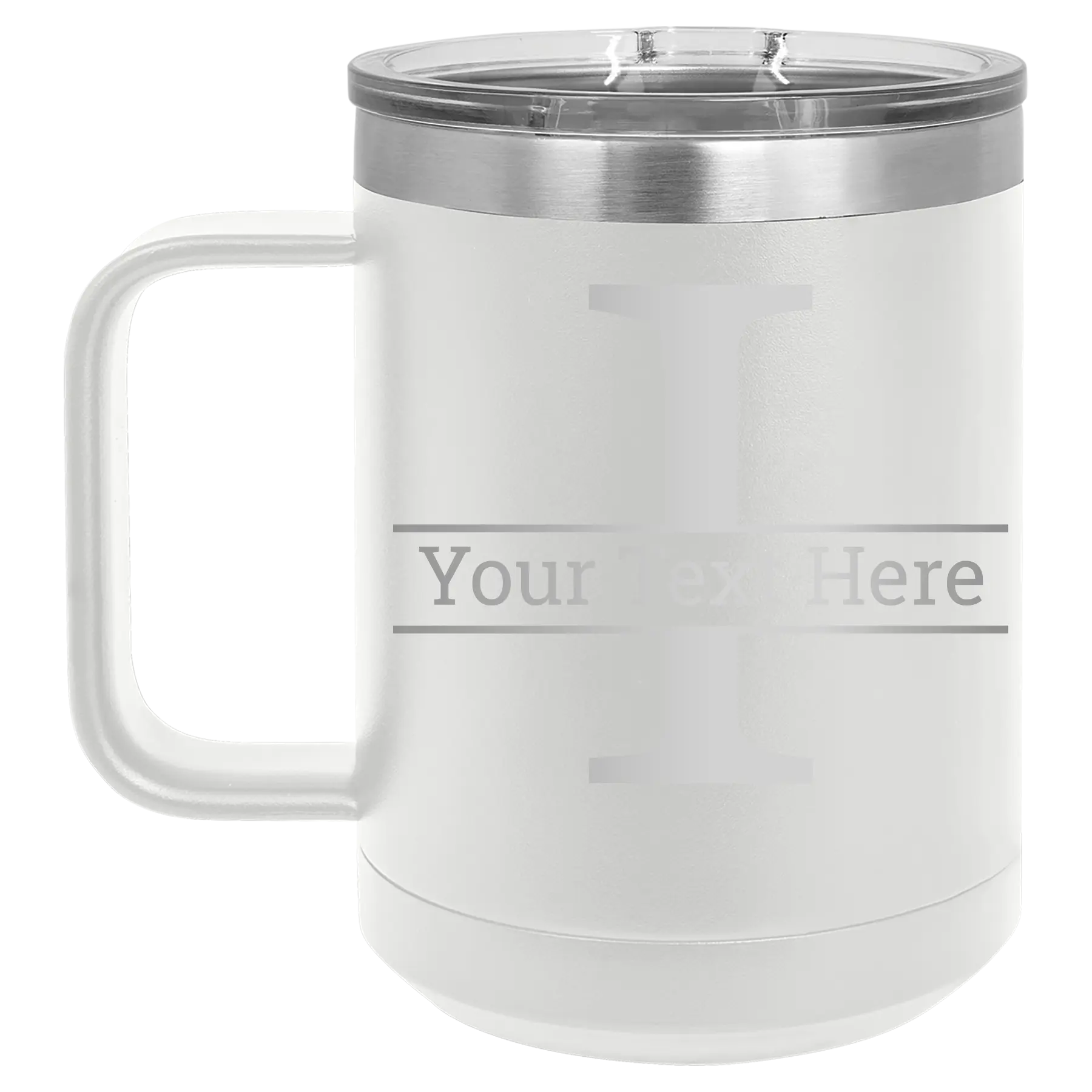 Personalized white 15 oz vacuum insulated coffee mug with 'Monogram letter I' design