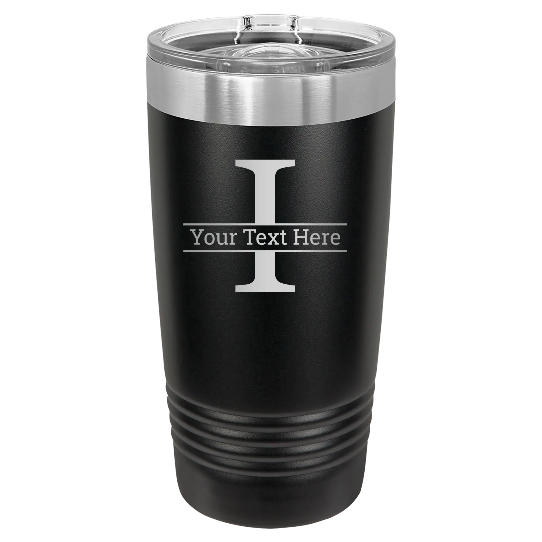 Personalized black 20 oz vacuum insulated tumbler with 'Monogram letter I' design