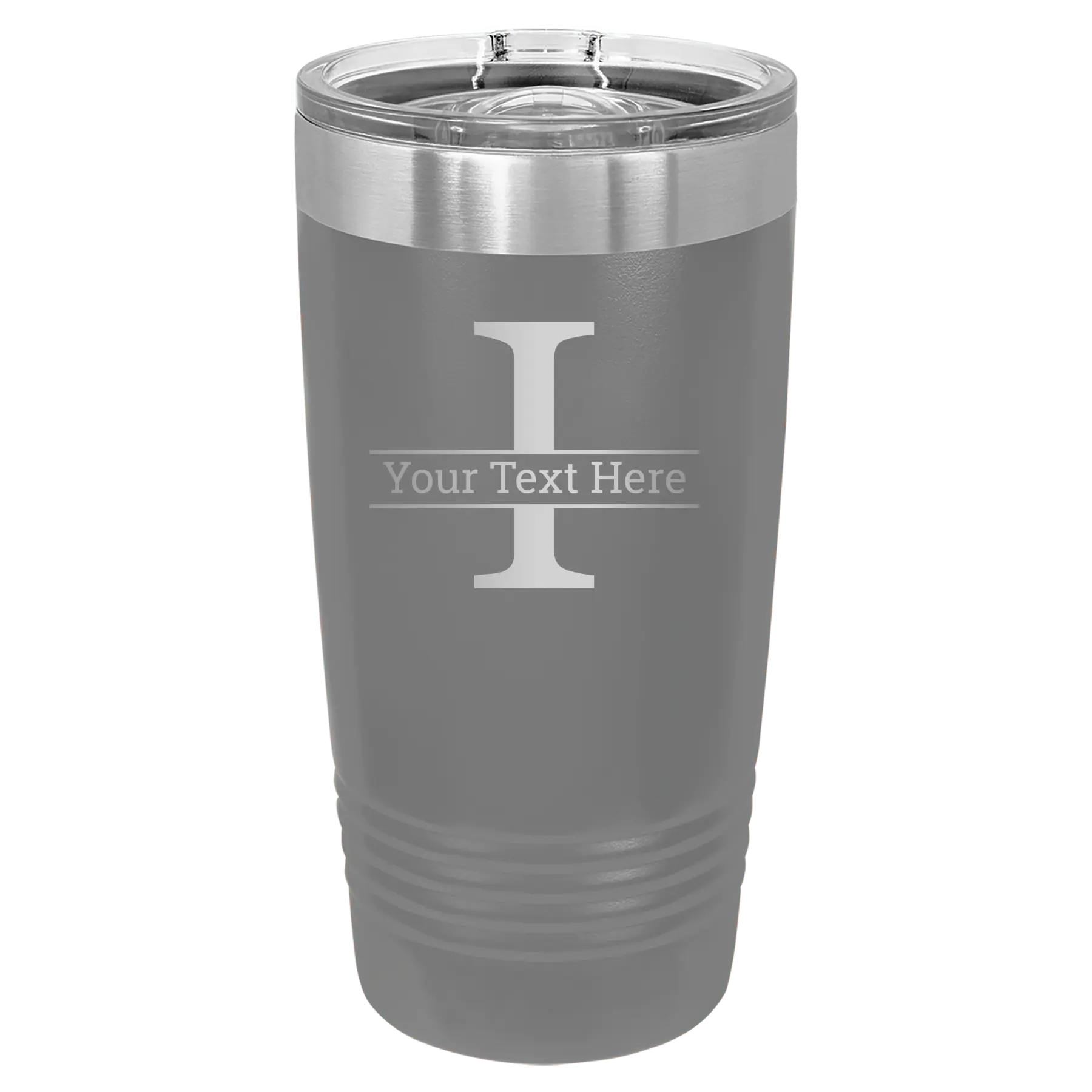 Personalized dark gray 20 oz vacuum insulated tumbler with 'Monogram letter I' design