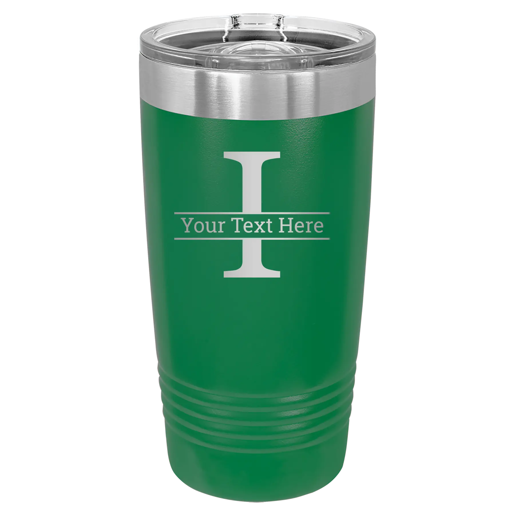 Personalized green 20 oz vacuum insulated tumbler with 'Monogram letter I' design