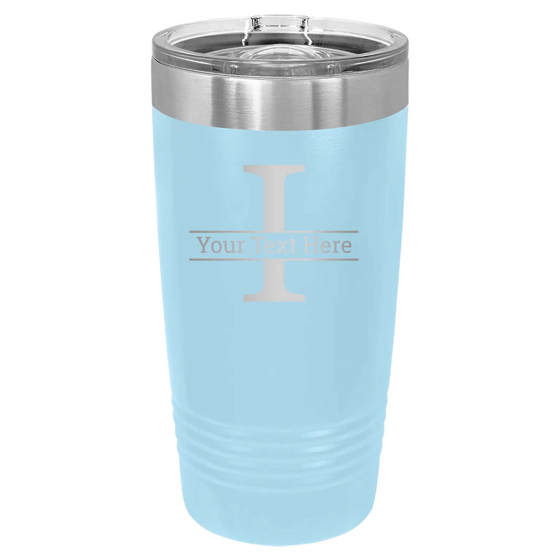 Personalized light blue 20 oz vacuum insulated tumbler with 'Monogram letter I' design