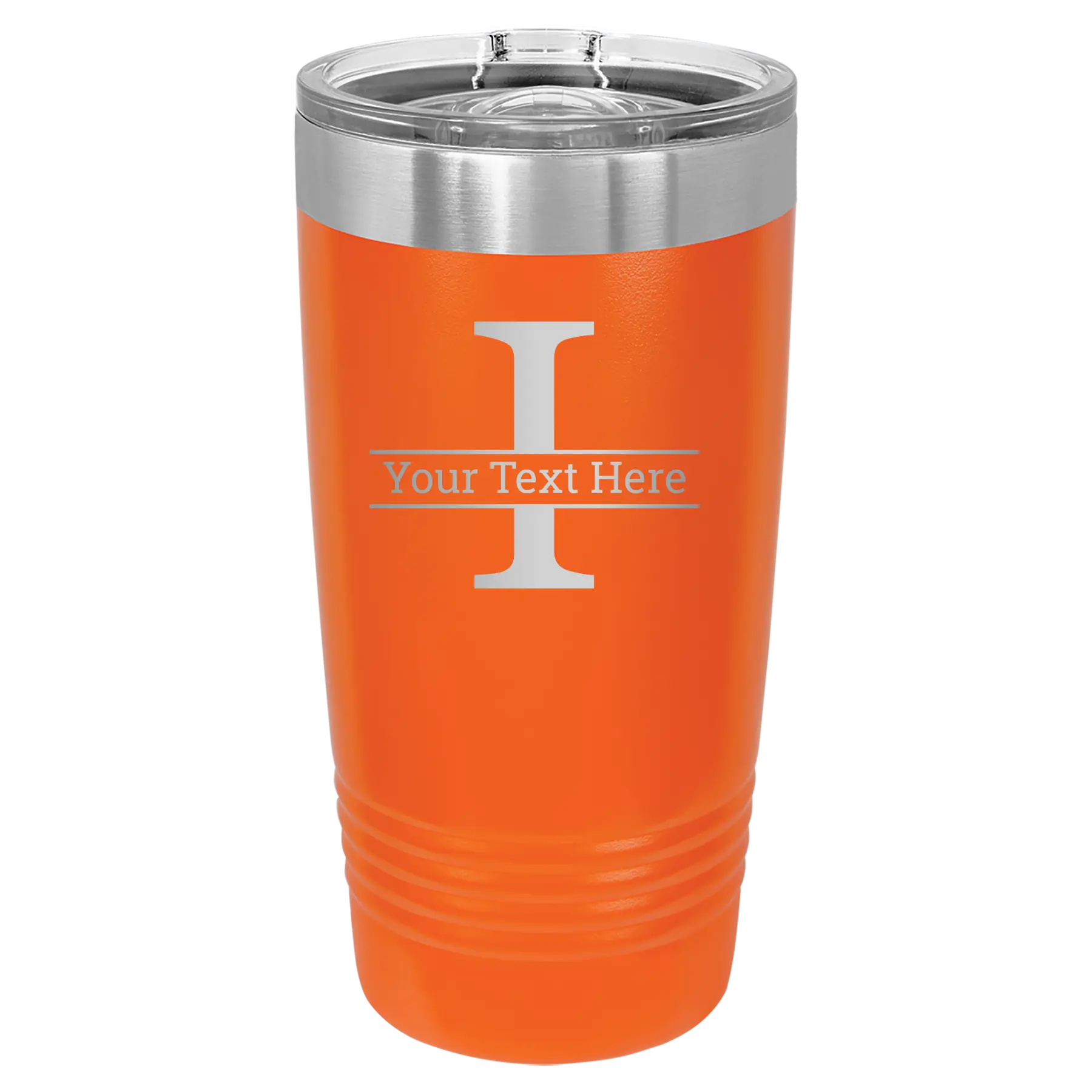 Personalized orange 20 oz vacuum insulated tumbler with 'Monogram letter I' design