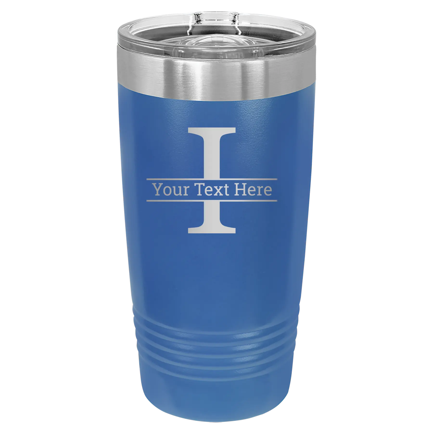 Personalized royal blue 20 oz vacuum insulated tumbler with 'Monogram letter I' design