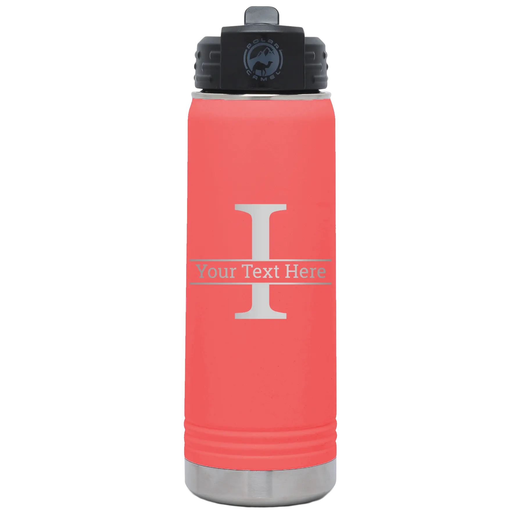 Personalized coral 20 oz vacuum insulated water bottle with 'Monogram letter I' design