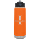 Personalized orange 20 oz vacuum insulated water bottle with 'Monogram letter I' design