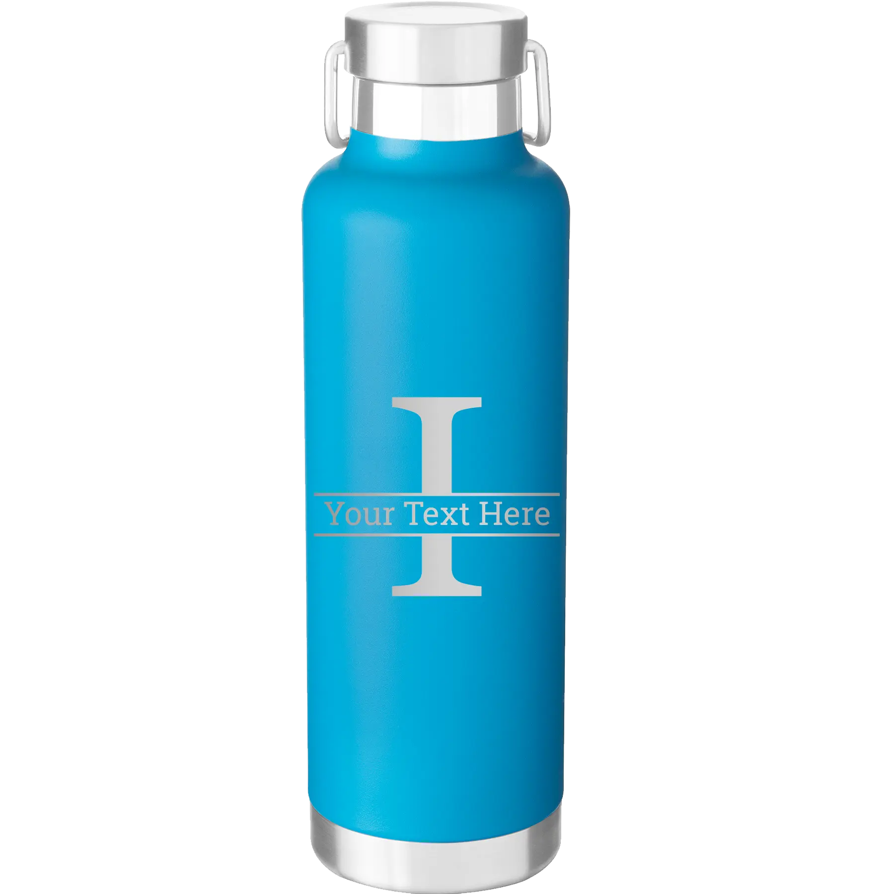 Personalized aqua 24 oz vacuum insulated water bottle with 'Monogram letter I' design
