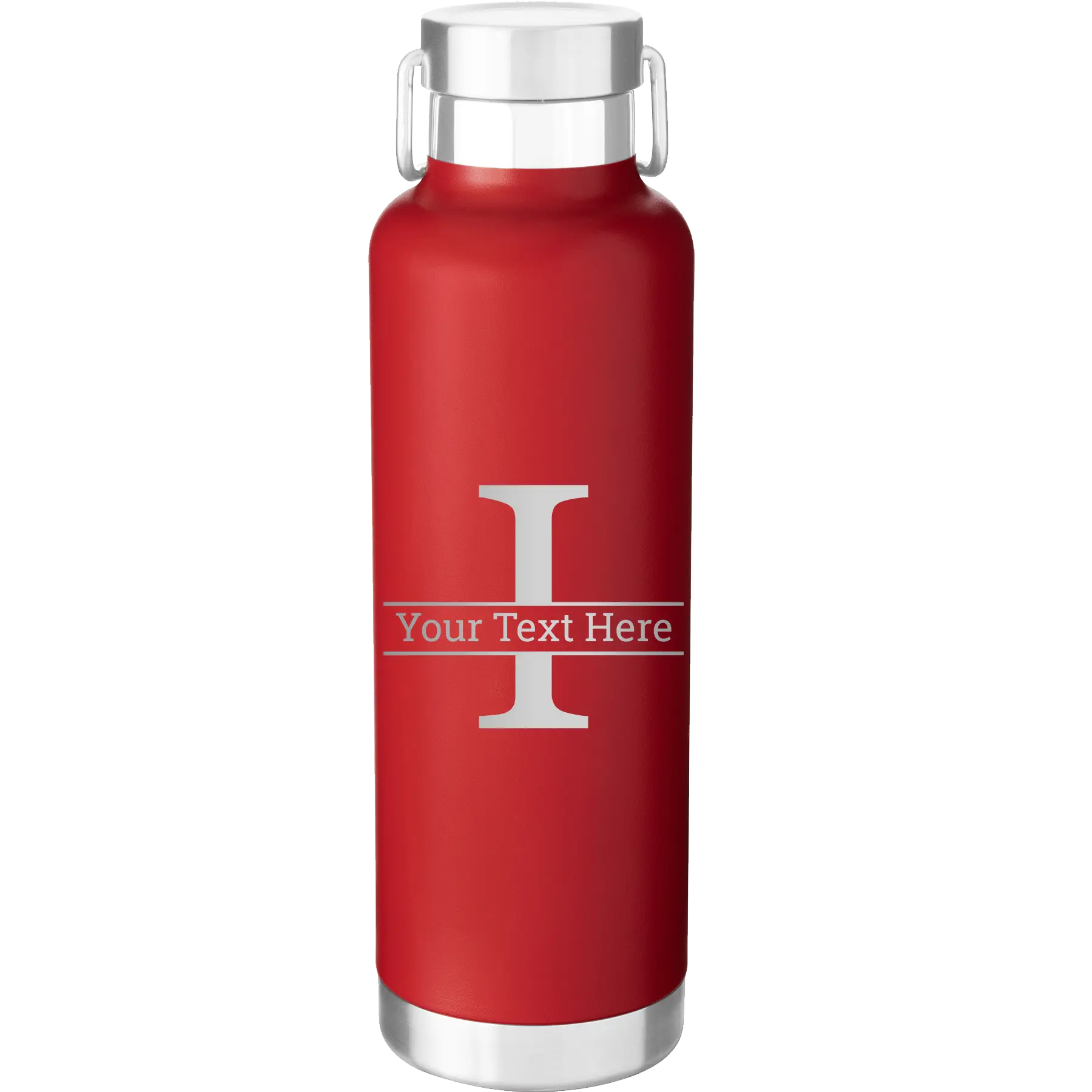 Personalized red 24 oz vacuum insulated water bottle with 'Monogram letter I' design