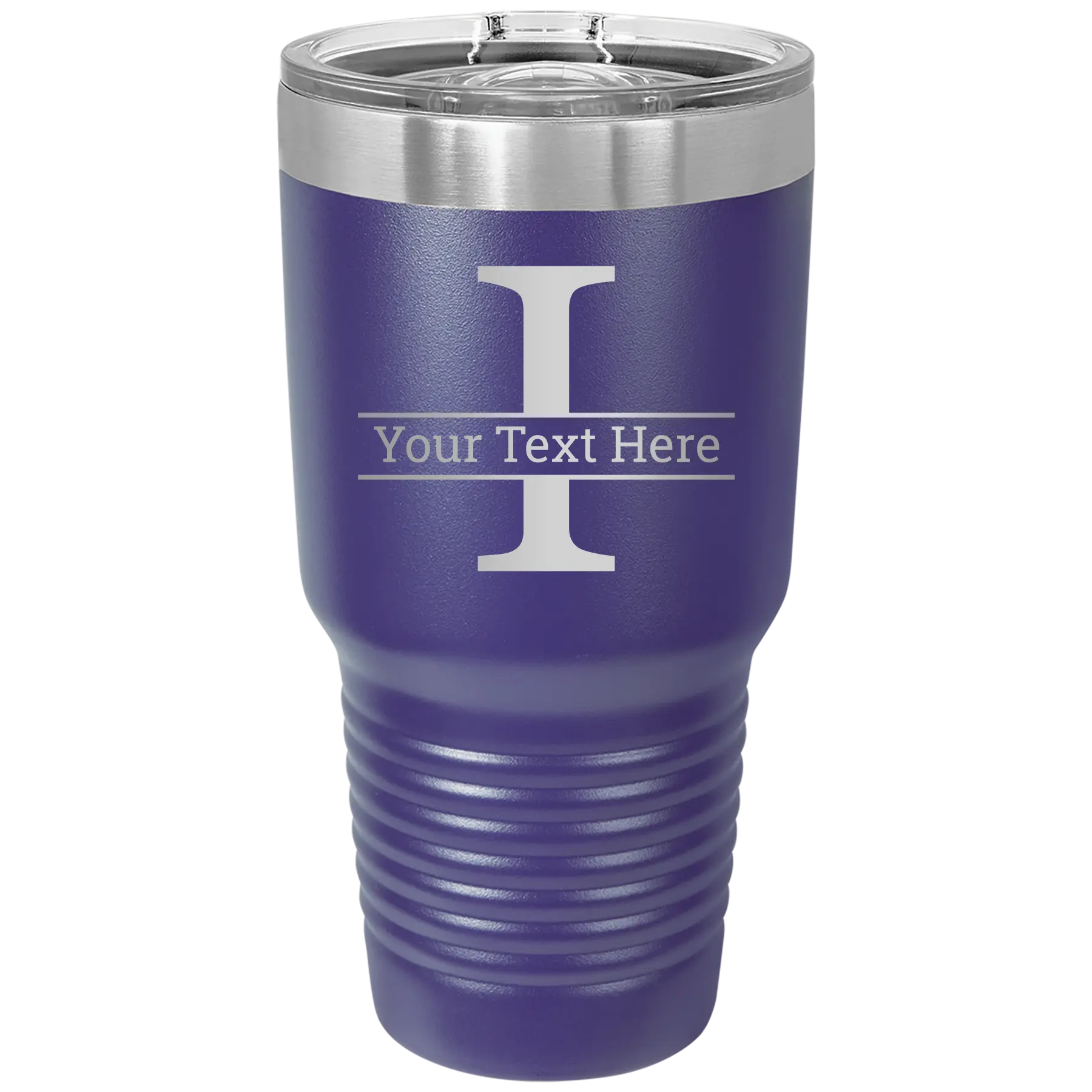 Personalized purple 30 oz vacuum insulated tumbler with 'Monogram letter I' design