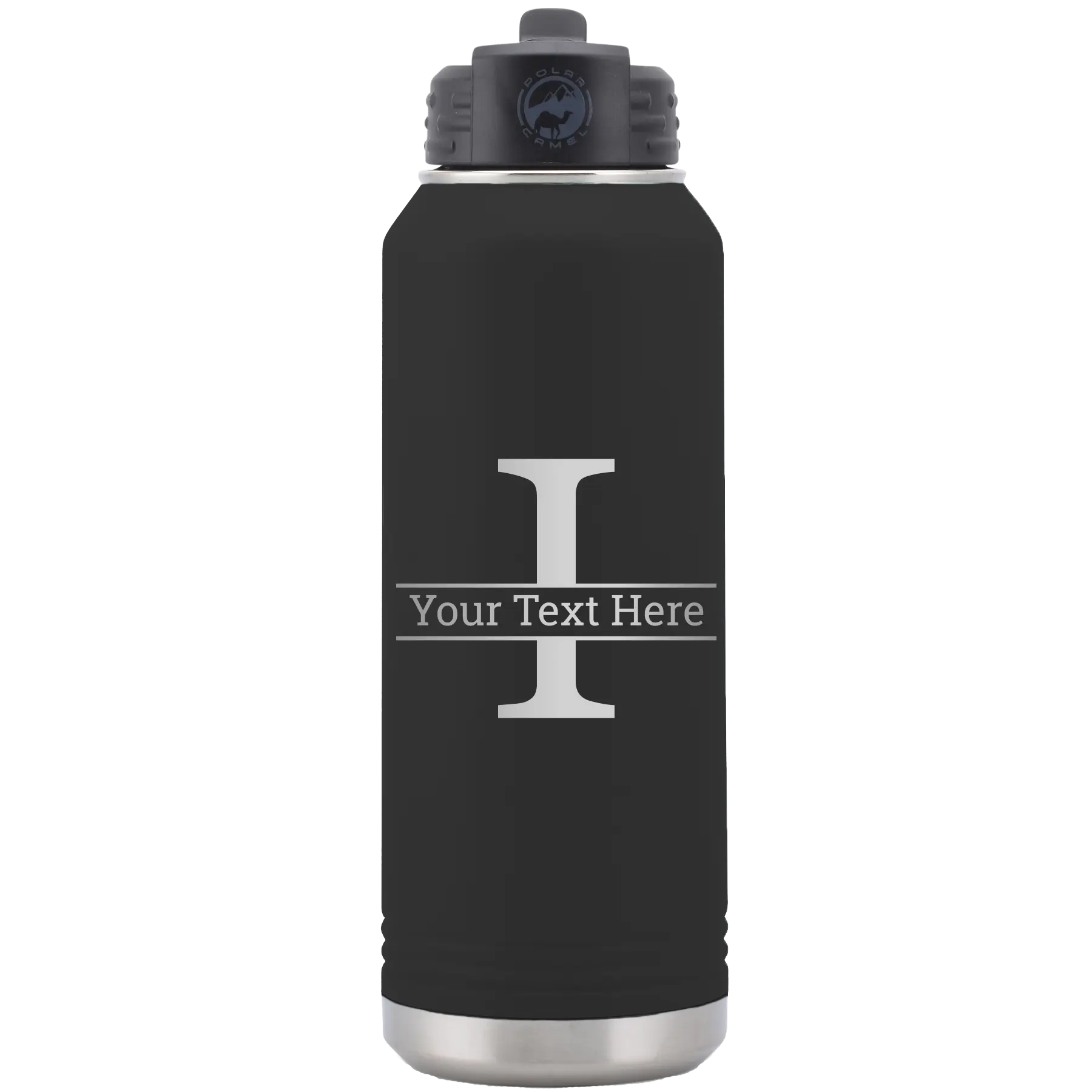 Personalized black 32 oz vacuum insulated water bottle with 'Monogram letter I' design