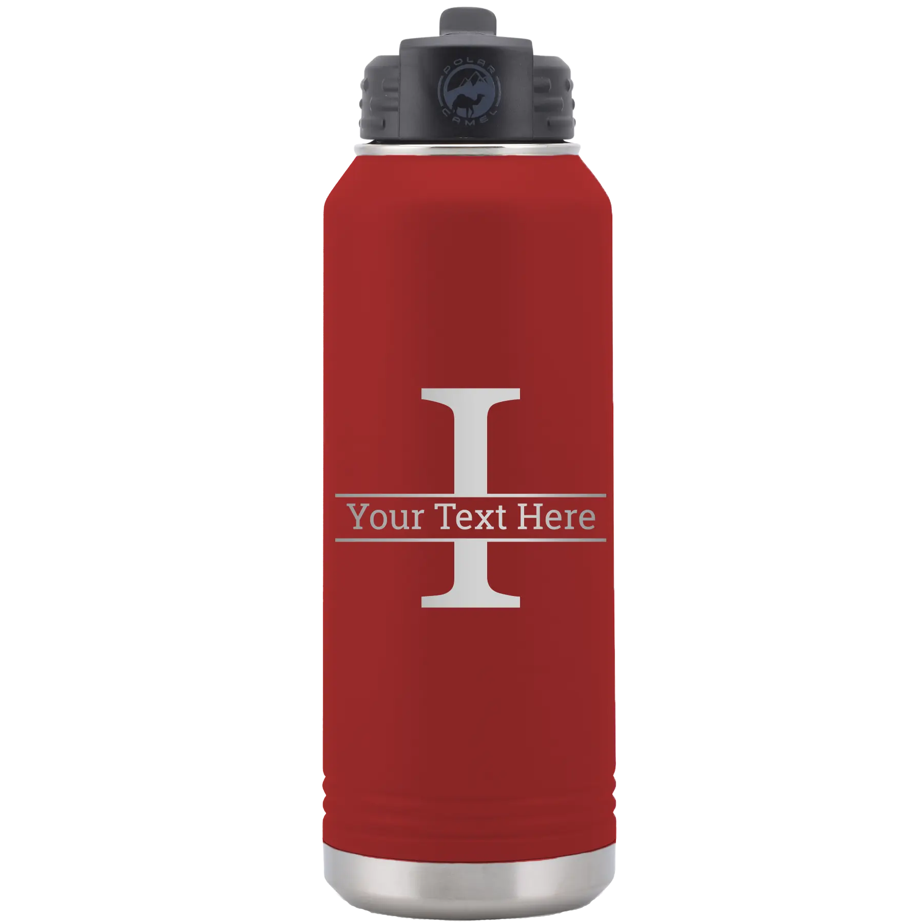 Personalized maroon 32 oz vacuum insulated water bottle with 'Monogram letter I' design