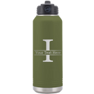 Personalized olive green 32 oz vacuum insulated water bottle with 'Monogram letter I' design