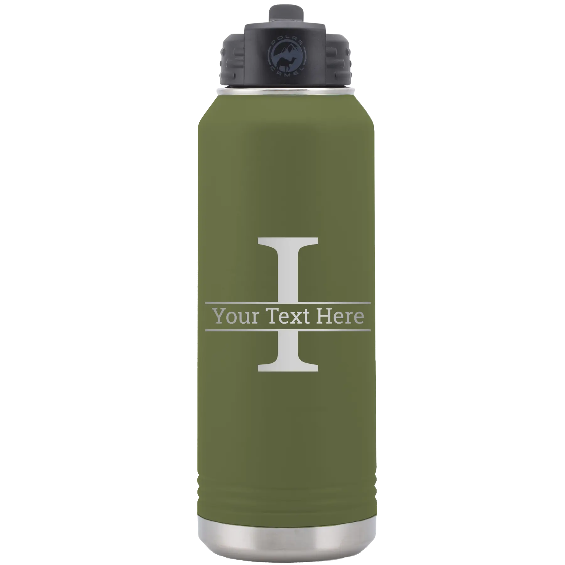 Personalized olive green 32 oz vacuum insulated water bottle with 'Monogram letter I' design